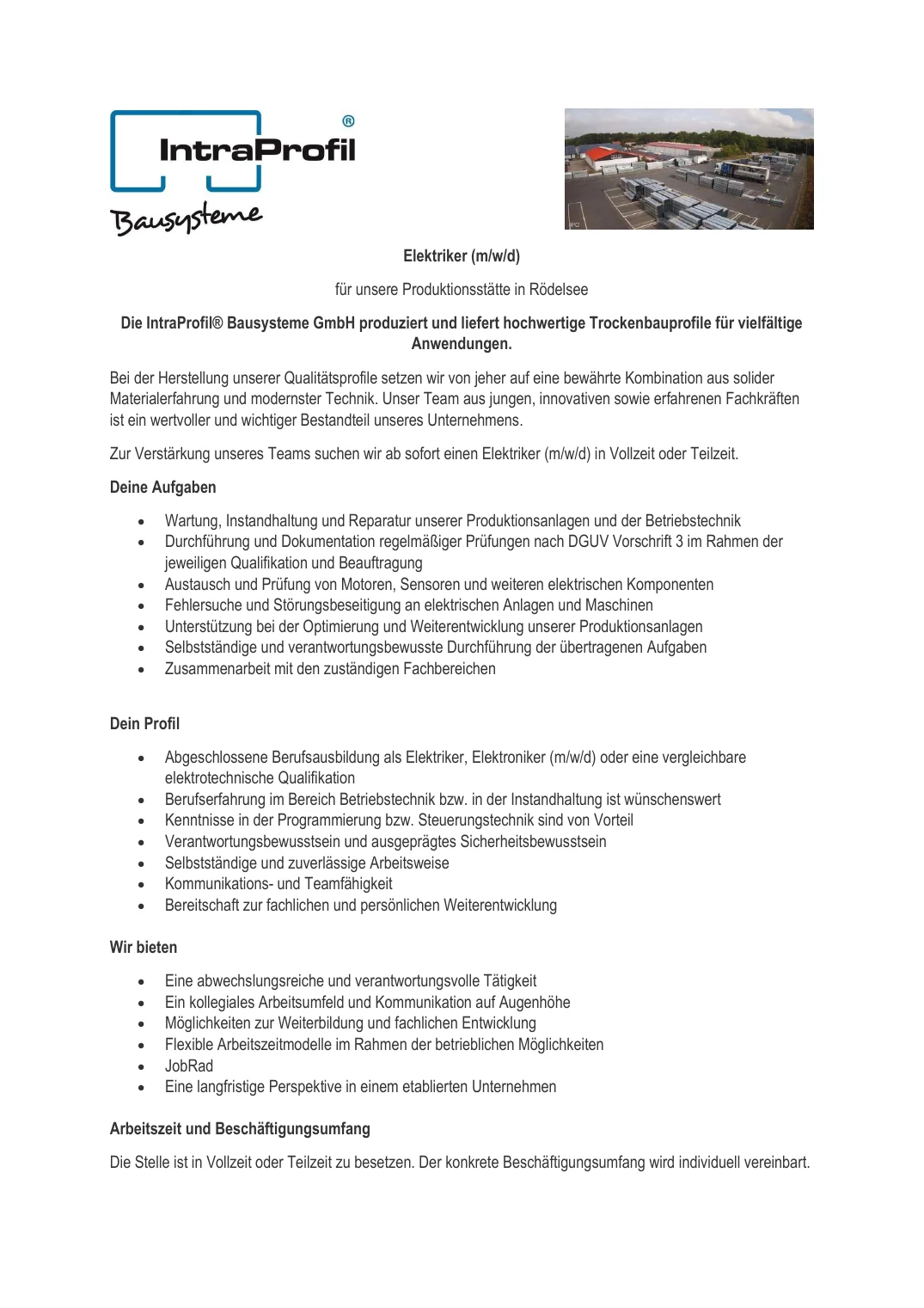 Stellenausschreibung Elektriker (m/w/d) der IntraProfil Bausysteme GmbH