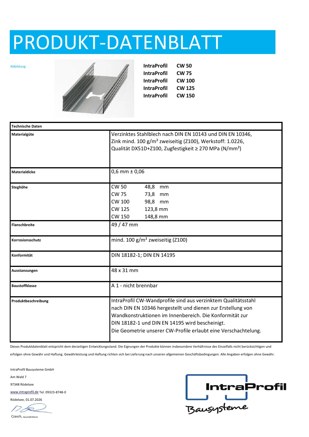 Erste Seite des Produktdatenblatts für CW-Profile von IntraProfil