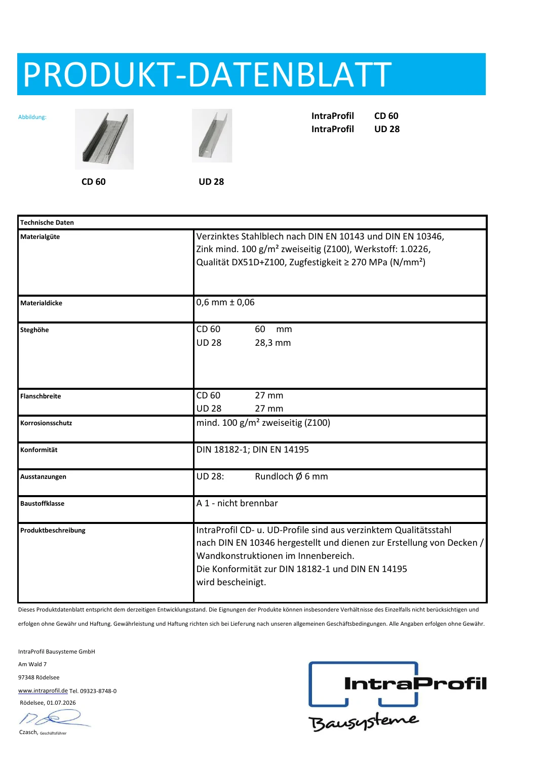 Erste Seite des Produktdatenblatts für CD- und UD-Profile
