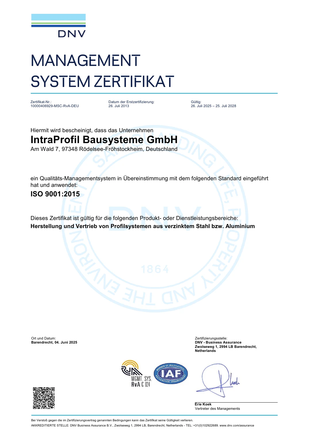 Managementsystem-Zertifikat ISO 9001:2015 der IntraProfil Bausysteme GmbH