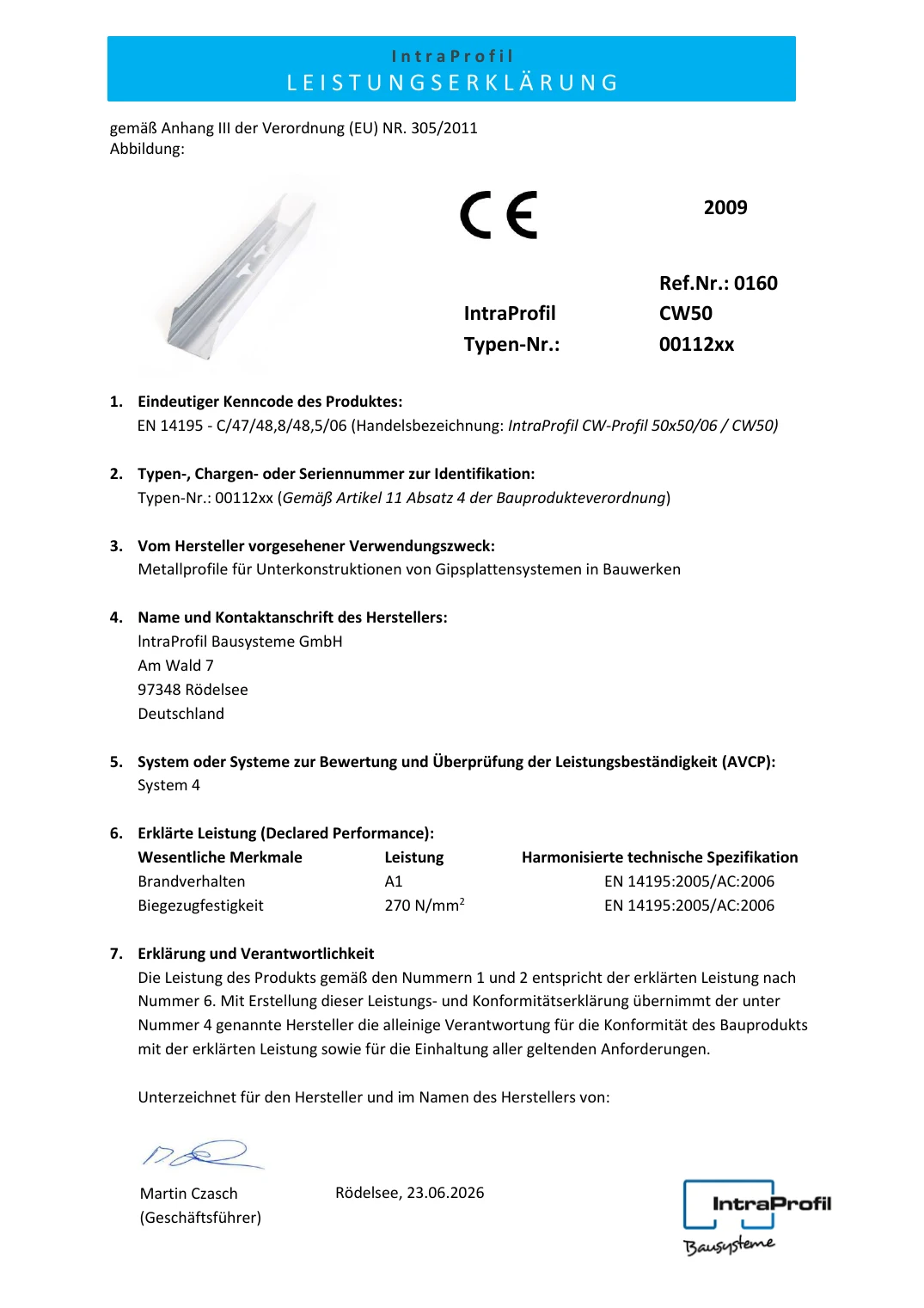 Erste Seite der Leistungserklärung für CW-Profile