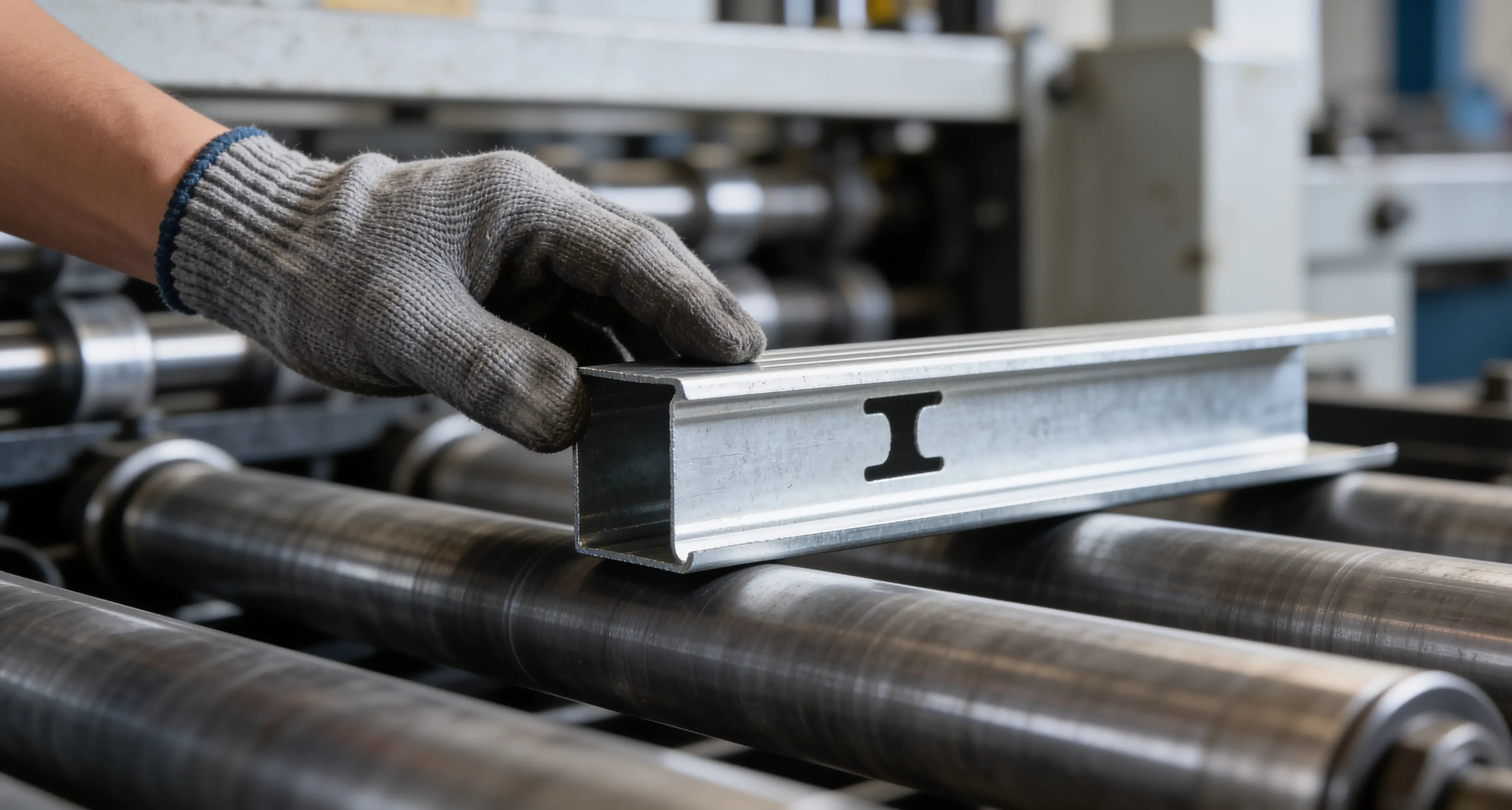 Eine Hand im Arbeitshandschuh am Ende eines frisch gefertigten CW-Profils auf dem Rollengang
